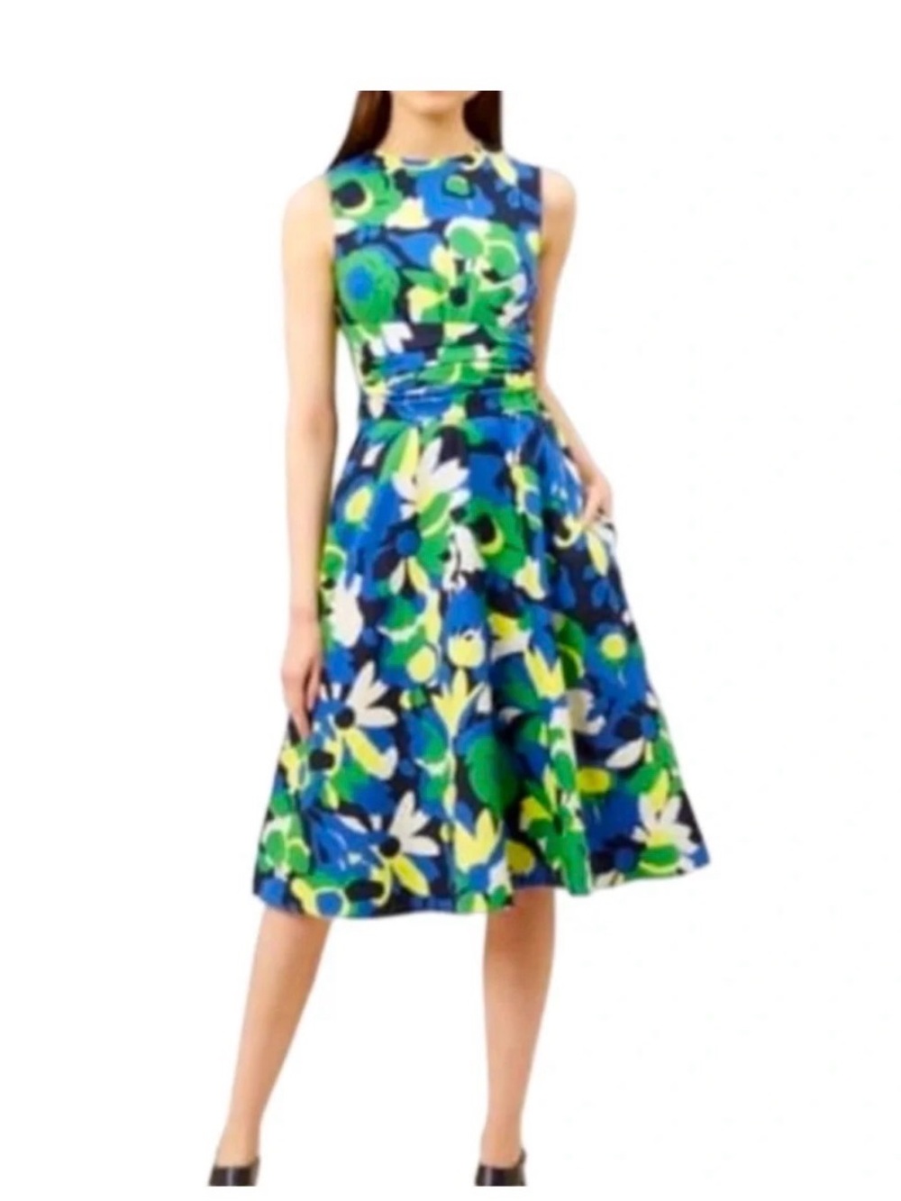 Hobbs London Sleeveless Floral Linen Midi Dress in Blue & Green
